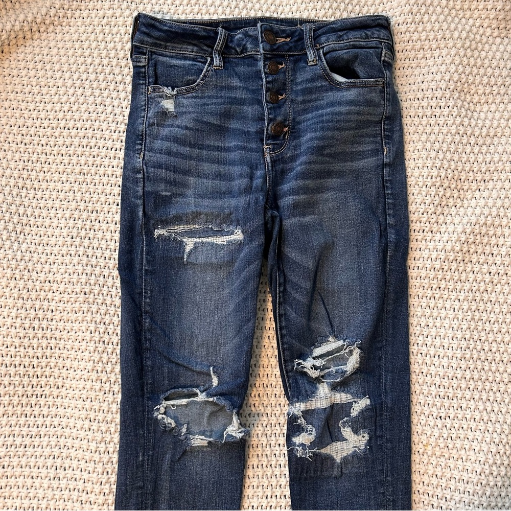 American Eagle High Waisted Skinny Jean, Dark Wash, Distressed